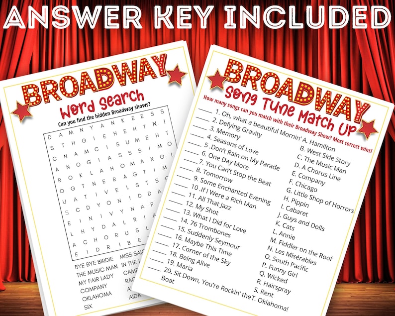 May include: Two Broadway-themed activity sheets with the text "Broadway" in a decorative font. One is a word search, and the other is a song tune match-up game. The phrase "Answer Key Included" is at the top.