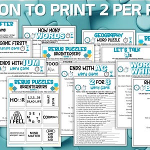 May include: A collection of printable word game sheets featuring titles like Before & After Sandwich Game, How Many Words, Geography Word Puzzle, Rebus Puzzles Brainteasers, Ends With IUM, Word Whiz, and Rhymes With Brain, all with blue accents.