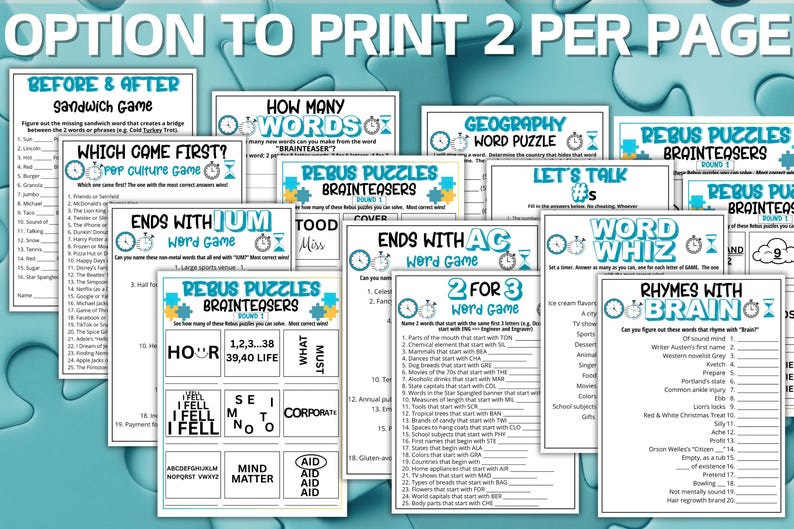 May include: A collection of printable word game sheets featuring titles like Before & After Sandwich Game, How Many Words, Geography Word Puzzle, Rebus Puzzles Brainteasers, Ends With IUM, Word Whiz, and Rhymes With Brain, all with blue accents.