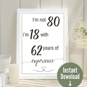 Placa engraçada de aniversário de 80 anos, pôster de festa de aniversário de 80 anos, não tenho 80 anos, tenho 18 e 62 anos de experiência, folheto de aniversário para impressão