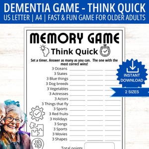 Think Quick Memory Care Spiel, Spiel für ältere Menschen, Spiele für Demenzen, Eisbrecher Spiele, Konversationsstarterspiel, Brain Booster-Aktivität für Senioren