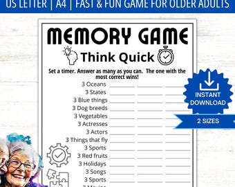 Gra pamięciowa Think Quick, gra dla osób starszych, gry dla osób z demencją, gry przełamujące lody, gra rozpoczynająca rozmowę, aktywność wspomagająca mózg dla seniorów