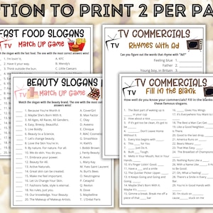 May include: Printable game sheets with fast food and beauty slogans, and TV commercial fill-in-the-blank and rhyming games. The black text is on white paper, with a floral background. The text "Option to Print 2 Per Page" is at the top.