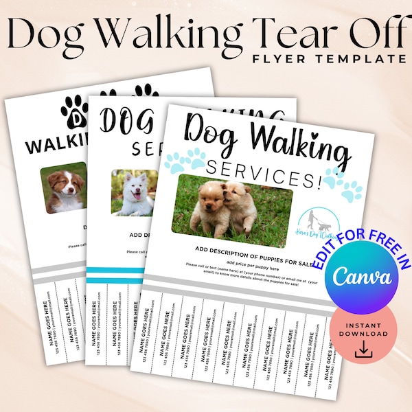 Editable Dog Walking Marketing flyer, Dog Walker Tear Off Flyer,Dog Walking & Pet Sitting advertising template, Customizeable Canva template