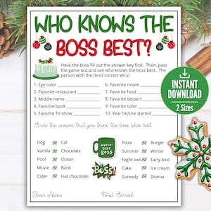 May include: A white paper game sheet titled WHO KNOWS THE BOSS BEST? in green and red text. It features a list of ten questions about a boss, a multiple-choice section with options like Dog or Cat, and illustrations of a cake, a mug, and a star.