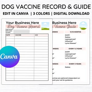 May include: Printable dog vaccine record and guide template. The template has a pink and white color scheme with a green and blue landscape illustration. The template includes sections for dog name, birth date, gender, date, vaccine, age, and a guide for recommended vaccine schedules.