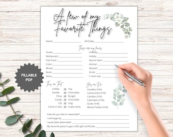 May include: A printable "A Few of My Favorite Things" questionnaire with a floral design. The questionnaire asks for personal preferences, such as favorite snack, restaurant, color, movie, book, store, holiday, hobby, sports team, animal, dessert, drink, and t-shirt size. It also includes a "This or That" section and a "Yes or No" section.