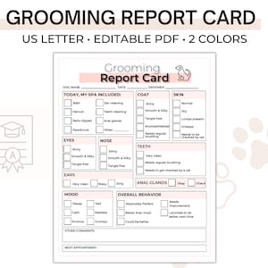 Informe de peluquería canina, Formulario para peluqueros caninos (PDF rellenable), Informe de spa canino, Evaluación del comportamiento de mascotas, Hoja D001 de salón canino