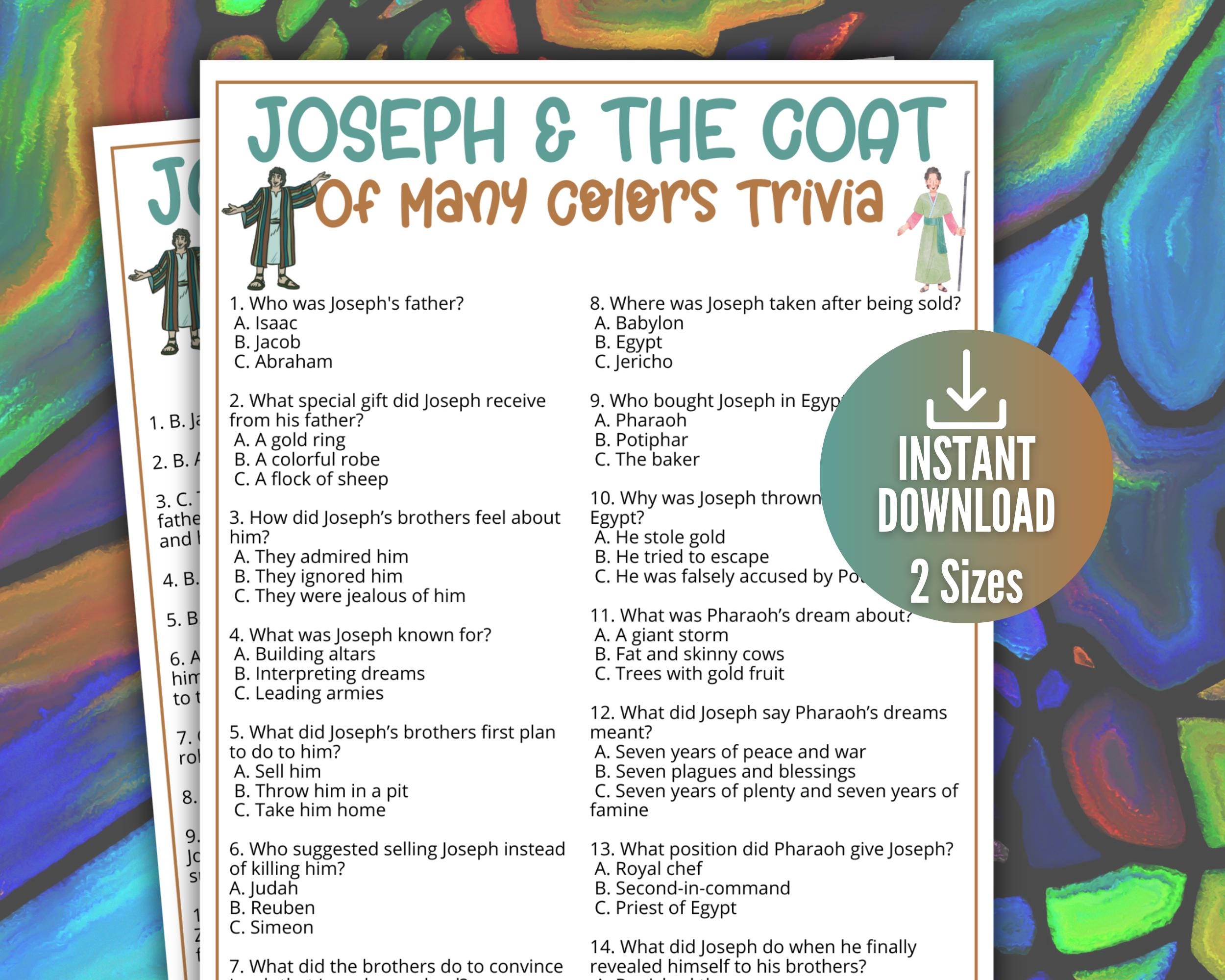 Joseph & der Mantel vieler Farben Trivia-Spiel für Kinder, Sonntagsschule Bibelspiele, alttestamentliche Aktivität, Kirche Homeschool Genesis Lesson BB1