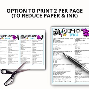 May include: A printed sheet with two copies of a hip-hop trivia game, featuring questions about artists, songs, and albums. The text "HIP-HOP Trivia" is displayed in a colorful, stylized font. A pair of scissors and a pen are also in the image.