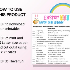 May include: A printable Easter game with a rainbow background. The game is called "Name that Bunny" and asks players to match famous rabbits with clues. The game includes 16 famous rabbits, such as Bugs Bunny, Roger Rabbit, and Thumper.