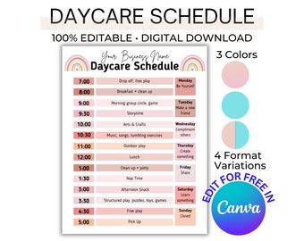 Horario diario editable para guardería, rutina diaria de cuidado infantil, plantilla Canva para rutina diaria, formulario para guardería en casa, horario para niños pequeños, horario diario y semanal