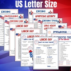 May include: A collection of US Letter size printable game sheets featuring patriotic themes. Titles include Election, Constitution Trivia, Election Day, American History, Labor Day, and Patriotic Trivia in the Movies. The pages contain lists, mazes, and point-based activities with red, white, and blue graphics.