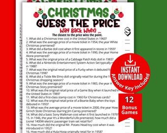 Może przedstawiać: Arkusz do gry Christmas Guess The Price z czerwonymi i zielonymi ozdobami u góry. Tekst zawiera osiemnaście pytań o historyczne ceny detaliczne, ikonę dolara oraz czerwoną odznakę z napisem Instant Download.