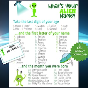 What&#39;s Your Alien Name Game with NAMETAGS + SIGN, Alien Extraterrestrial Theme Birthday Party, UFO Space Birthday Game, Alien Name Generator