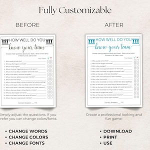 May include: Two printable game sheets titled How Well Do You Know Your Team. The left sheet is black and white, while the right sheet features blue text and graphics. Both include fifteen questions with blank lines and checkboxes for scoring.