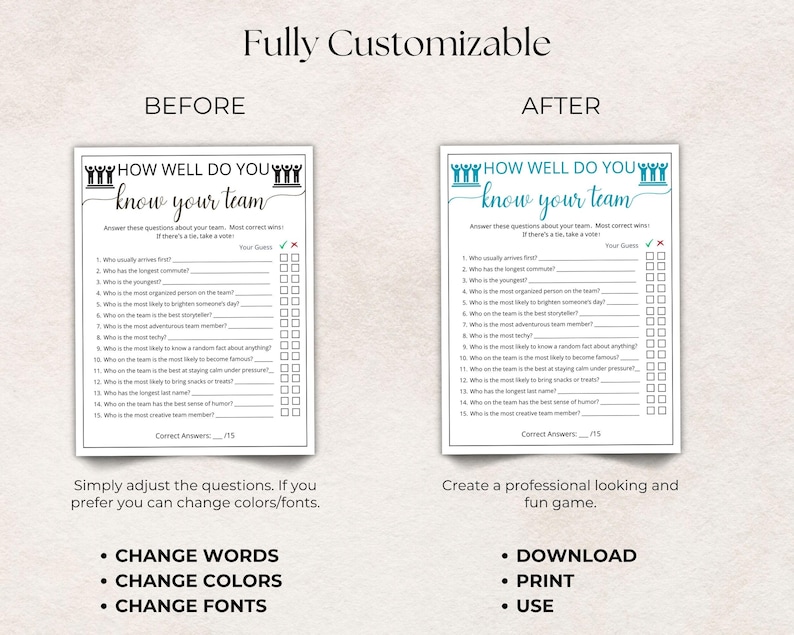 May include: Two printable game sheets titled How Well Do You Know Your Team. The left sheet is black and white, while the right sheet features blue text and graphics. Both include fifteen questions with blank lines and checkboxes for scoring.