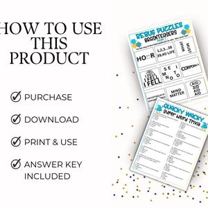 May include: A digital activity sheet set featuring Rebus Puzzles Brainteasers and Quacky Wacky Super Weird Trivia. The text HOW TO USE THIS PRODUCT is followed by a list: PURCHASE, DOWNLOAD, PRINT & USE, and ANSWER KEY INCLUDED with checkmarks.
