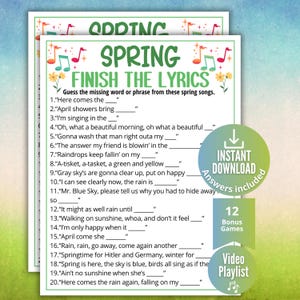 Spring Finish the Lyrics Trivia Game, Printable Spring Game for Kids Teens Adults,Classroom Spring Activity, Ideas for Seniors,Spring Party