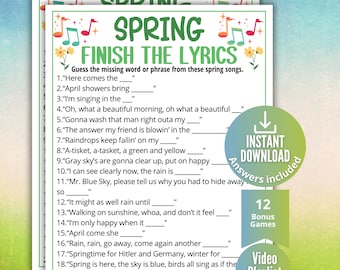 Spring Finish the Lyrics Trivia Game, Printable Spring Game for Kids Teens Adults,Classroom Spring Activity, Ideas for Seniors,Spring Party