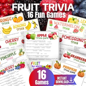 May include: A collection of colorful trivia game cards featuring various fruits, including oranges, bananas, cherries, apples, watermelons, lemons, pomegranates, pineapples, berries, cranberries, and pumpkins. The cards are designed for fun and educational purposes.