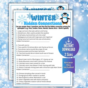 May include: A printable winter-themed game sheet with the title "Winter Hidden Connections" and a penguin graphic. The sheet includes a series of questions and a space to find the hidden connection. The words "Instant Download" and "Answer Key Included" are also visible.