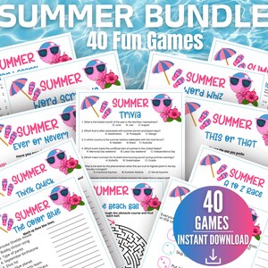 Sommer-Trivia-Spielpaket, druckbares Sommerspiel für Kinder und Erwachsene, Sommeraktivität im Klassenzimmer, Pool-Party-Idee, Sommer für Lehrer 34 Spiele