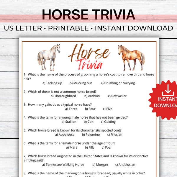 Horse Trivia Game, Printable Horse Trivia for Parties, Derby Party Game, Party Activity for Adults and Kids