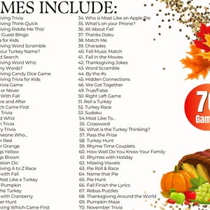 May include: A list titled GAMES INCLUDE: featuring 70 numbered Thanksgiving and autumn-themed activities. The text is black on a white background, decorated with orange and yellow maple leaves and a cornucopia filled with autumn produce.