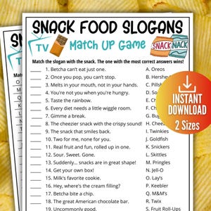 Snack Food Slogan Trivia Game,Ad Slogan Match Up Quiz,PrintableTV Commercial Game for Kids & Adults,Family Game Movie Night,Office Party Fun