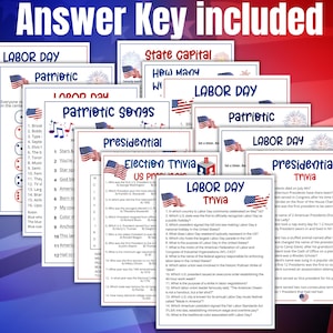 May include: A collection of printable trivia game sheets with a patriotic theme, featuring titles like Labor Day, Presidential Trivia, and Patriotic Songs. Each white paper sheet includes blue and red text, American flag graphics, and an answer key.