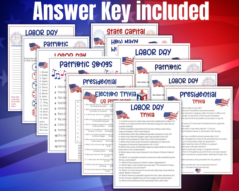 May include: A collection of printable trivia game sheets with a patriotic theme, featuring titles like Labor Day, Presidential Trivia, and Patriotic Songs. Each white paper sheet includes blue and red text, American flag graphics, and an answer key.