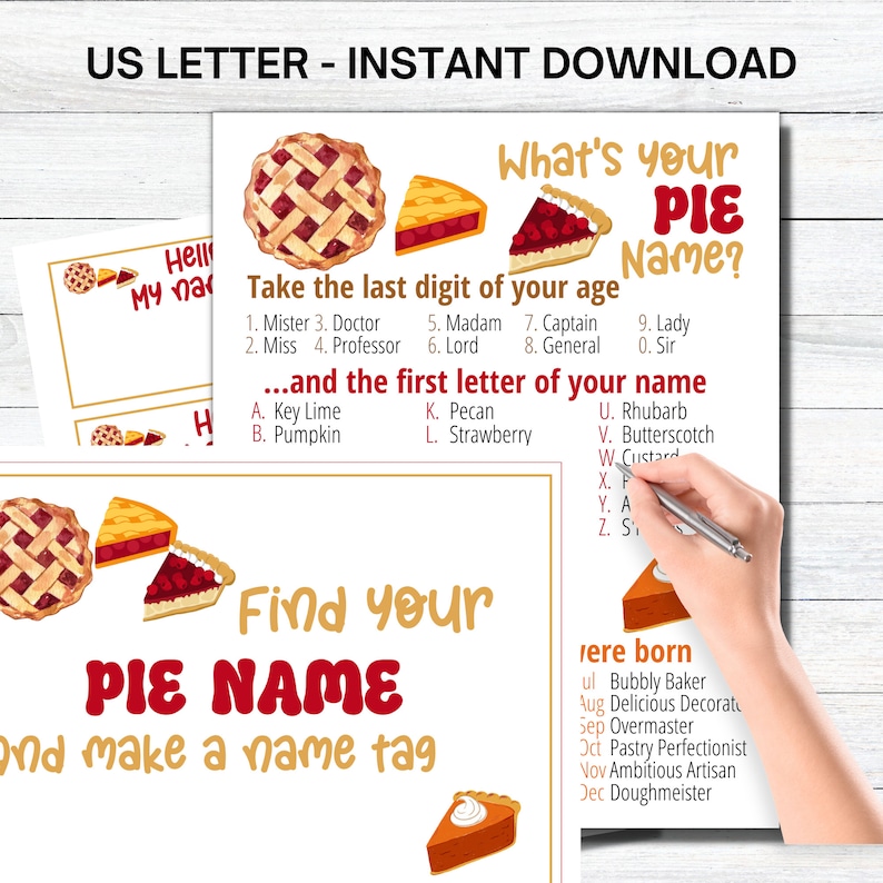 What's Your Pie Name Game WITH NAMETAGS SIGN, Pie Holiday Party Game