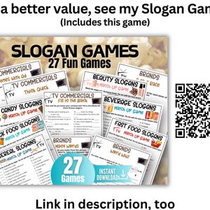 K&ouml;nnte beinhalten: Eine Sammlung von druckbaren Slogan Games Aktivit&auml;tsbl&auml;ttern mit 27 unterhaltsamen Spielen wie TV Commercials, Candy Slogans, Beauty Slogans und Beverage Slogans. Das Bild enth&auml;lt einen QR-Code und den Text Slogan Games 27 Fun Games.