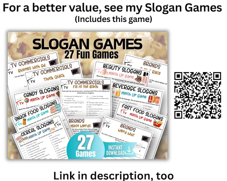 K&ouml;nnte beinhalten: Eine Sammlung von druckbaren Slogan Games Aktivit&auml;tsbl&auml;ttern mit 27 unterhaltsamen Spielen wie TV Commercials, Candy Slogans, Beauty Slogans und Beverage Slogans. Das Bild enth&auml;lt einen QR-Code und den Text Slogan Games 27 Fun Games.