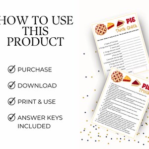 May include: Printable Thanksgiving pie trivia game with two different game cards. The first card is titled "Pie Think Quick" and the second card is titled "Pie Trivia". Both cards feature illustrations of pies.