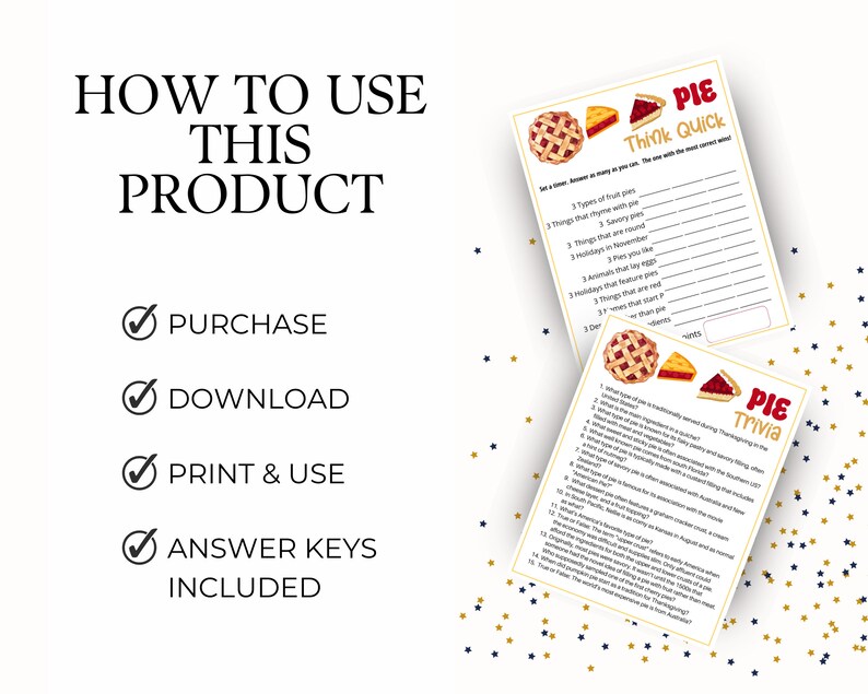 May include: Printable Thanksgiving pie trivia game with two different game cards. The first card is titled "Pie Think Quick" and the second card is titled "Pie Trivia". Both cards feature illustrations of pies.