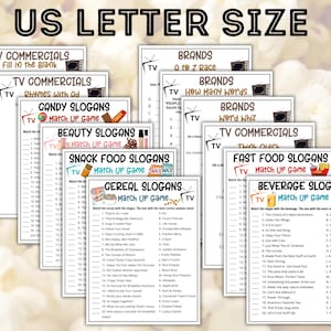 May include: A collection of printable game sheets on white paper, labeled "US Letter Size." The games include matching slogans for TV commercials, candy, beauty products, snack foods, cereal, fast food, and beverages. Each sheet features a TV graphic.