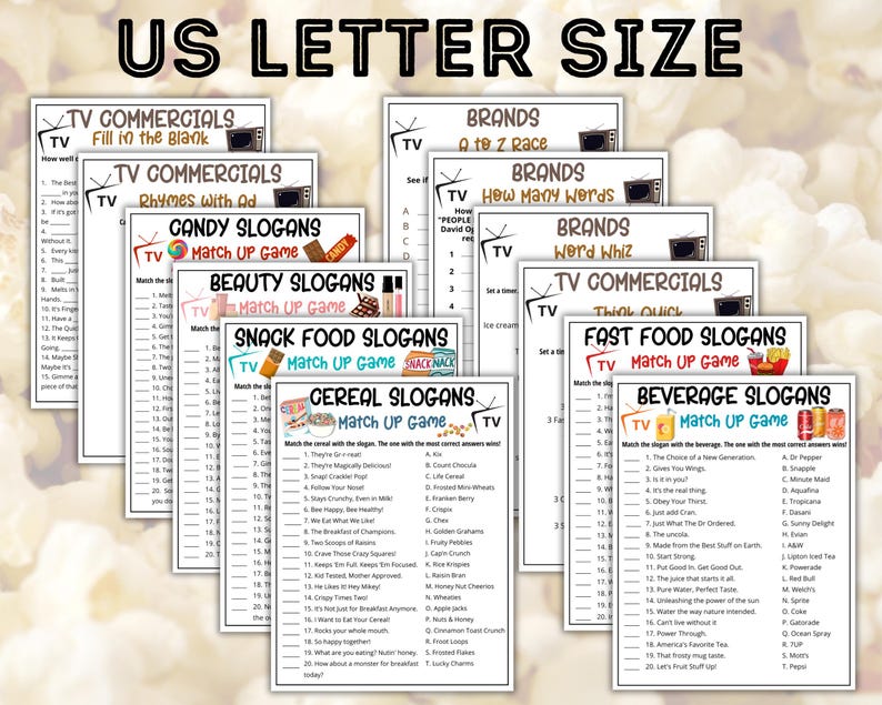 May include: A collection of printable game sheets on white paper, labeled "US Letter Size." The games include matching slogans for TV commercials, candy, beauty products, snack foods, cereal, fast food, and beverages. Each sheet features a TV graphic.