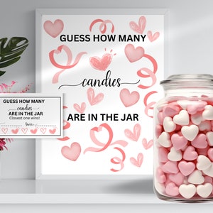 Raad hoeveel snoepjes in de pot, spel vrijgezellenfeest, afdrukbaar snoepspel, leuke babyshower, Valentijnsdag raadskaarten en bordje Pasen,
