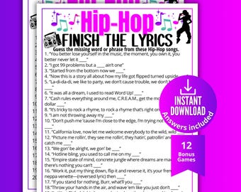 Hip-Hop Finish the Lyrics Trivia Game, Printable Rap Music Game for Kids Teens Adults, Free Style Activity, Music Trivia Party, Pop Culture
