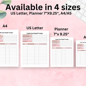 Puede incluir: Cuatro plantillas imprimibles de seguimiento de pago de tarjetas de cr&eacute;dito en diferentes tama&ntilde;os: US Letter, Planner 7" x 9.25", A4 y A5. Cada plantilla tiene campos para la empresa/tarjeta, el monto adeudado, el pago m&iacute;nimo, la tasa de inter&eacute;s, la fecha de vencimiento, el saldo inicial, el pago y el saldo restante.