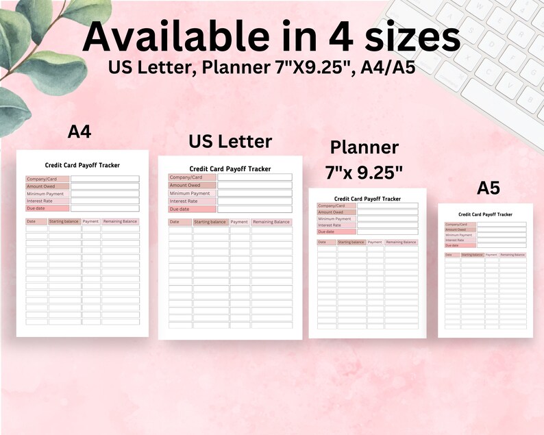 Puede incluir: Cuatro plantillas imprimibles de seguimiento de pago de tarjetas de cr&eacute;dito en diferentes tama&ntilde;os: US Letter, Planner 7" x 9.25", A4 y A5. Cada plantilla tiene campos para la empresa/tarjeta, el monto adeudado, el pago m&iacute;nimo, la tasa de inter&eacute;s, la fecha de vencimiento, el saldo inicial, el pago y el saldo restante.