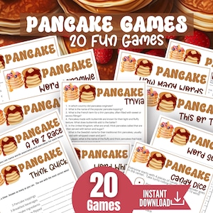 May include: A collection of printable game sheets titled Pancake Games 20 Fun Games, featuring various activities like trivia, word scrambles, and word searches. Each sheet displays illustrations of pancake stacks with syrup and berries.