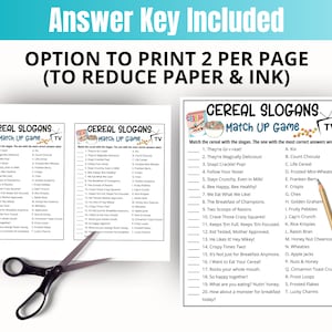 May include: Two printed sheets with a cereal-themed matching game, featuring slogans and cereal names. The text "Answer Key Included" and "Option to Print 2 Per Page" are visible. A pair of scissors is in the foreground.