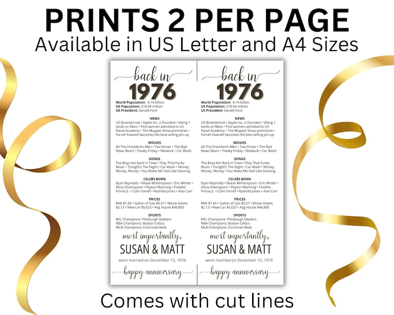 50th Anniversary Place Cards, Editable 50th Married in 1976 Party Decorations, 1976 Table Cards, Anniversary Gift, Back in 1976 News image 3