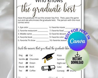Who Knows The Graduate Best Game, Graduation Party Game, Fun Editable Class of 2026 Quiz Game, What would the Graduate choose quiz,2026 Grad