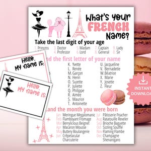 Juego de "¿Cuál es tu nombre en francés?" con etiquetas y letrero, juego de comida francesa para fiestas en París, actividad para fiestas de cumpleaños, divertido para adultos y niños (imprimible)