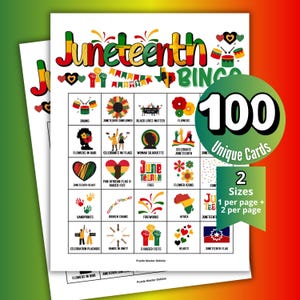Peut inclure: Cartes de jeu de bingo Juneteenth avec 100 cartes uniques et 2 tailles. Les cartes présentent des illustrations colorées et le texte "Juneteenth" en rouge, jaune et vert. Le jeu comprend des images de fleurs, de drapeaux et de poings levés.
