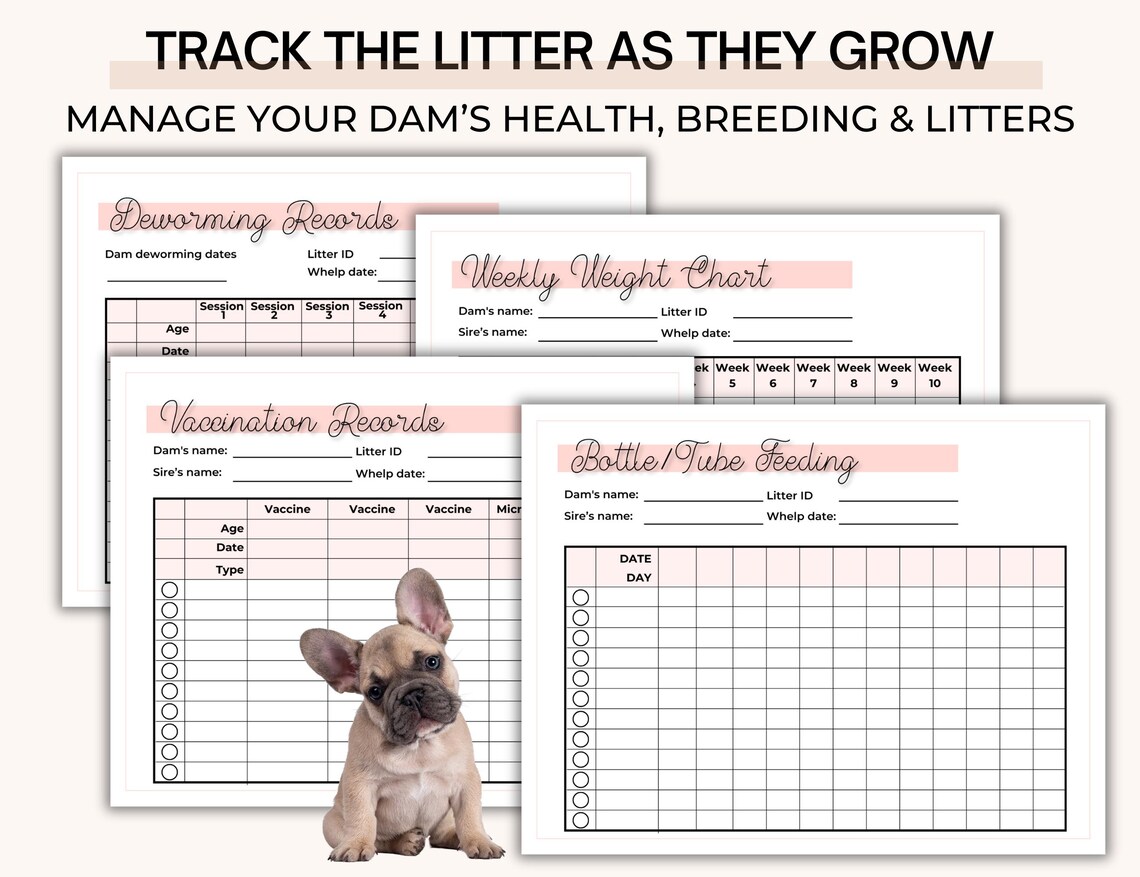 Dog Whelping Records Editable, Dog Breeder Forms, Puppy Whelping Chart